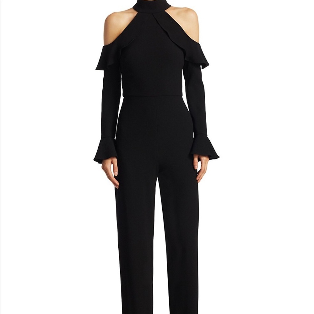 EUC ML Monique Lhuillier Cold-Shoulder Long-Sleeve Ruffle Jumpsuit Size 18